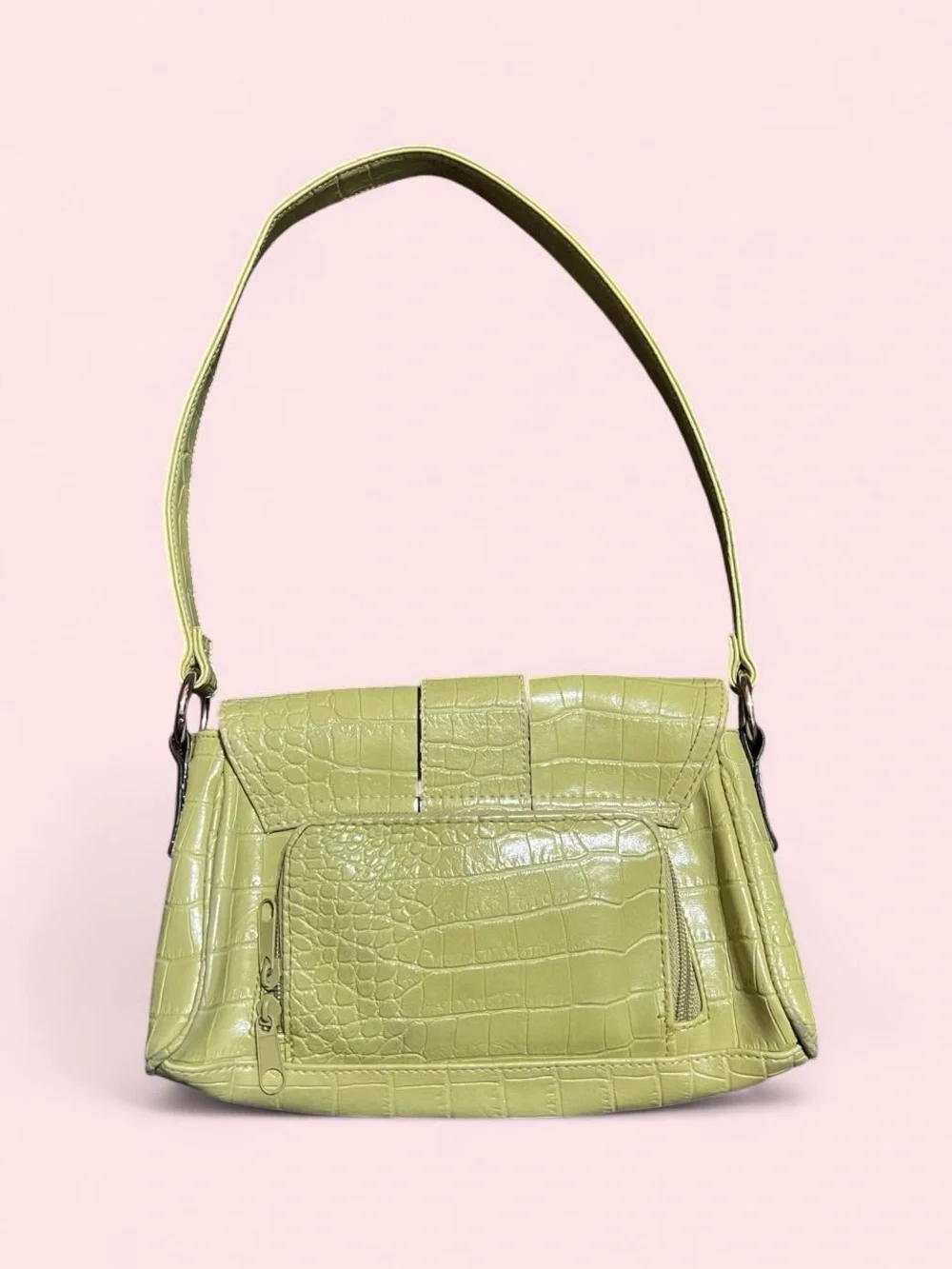 Lime Green Croc-Embossed Shoulder Bag